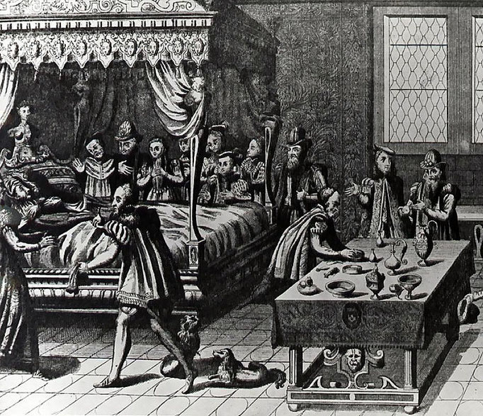 Les chirurgiens tentent de sauver le roi. (Source : Wikimedia. Jacques Tortorel & Jean Perrisin)