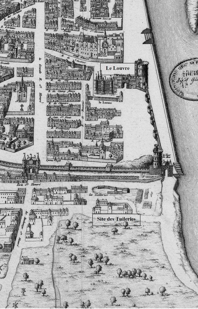 Paris en 1550.Plan St Victor.« Louvre and Tuileries Palace on a 1575 map of Paris - numericable-fr-parisbal » par Cruche, engraver \[identified as Pierre Eskrich (1518 or 1520 – last mention 1590 in Paris)\]François de Belleforest (1530–1583), publisher — C